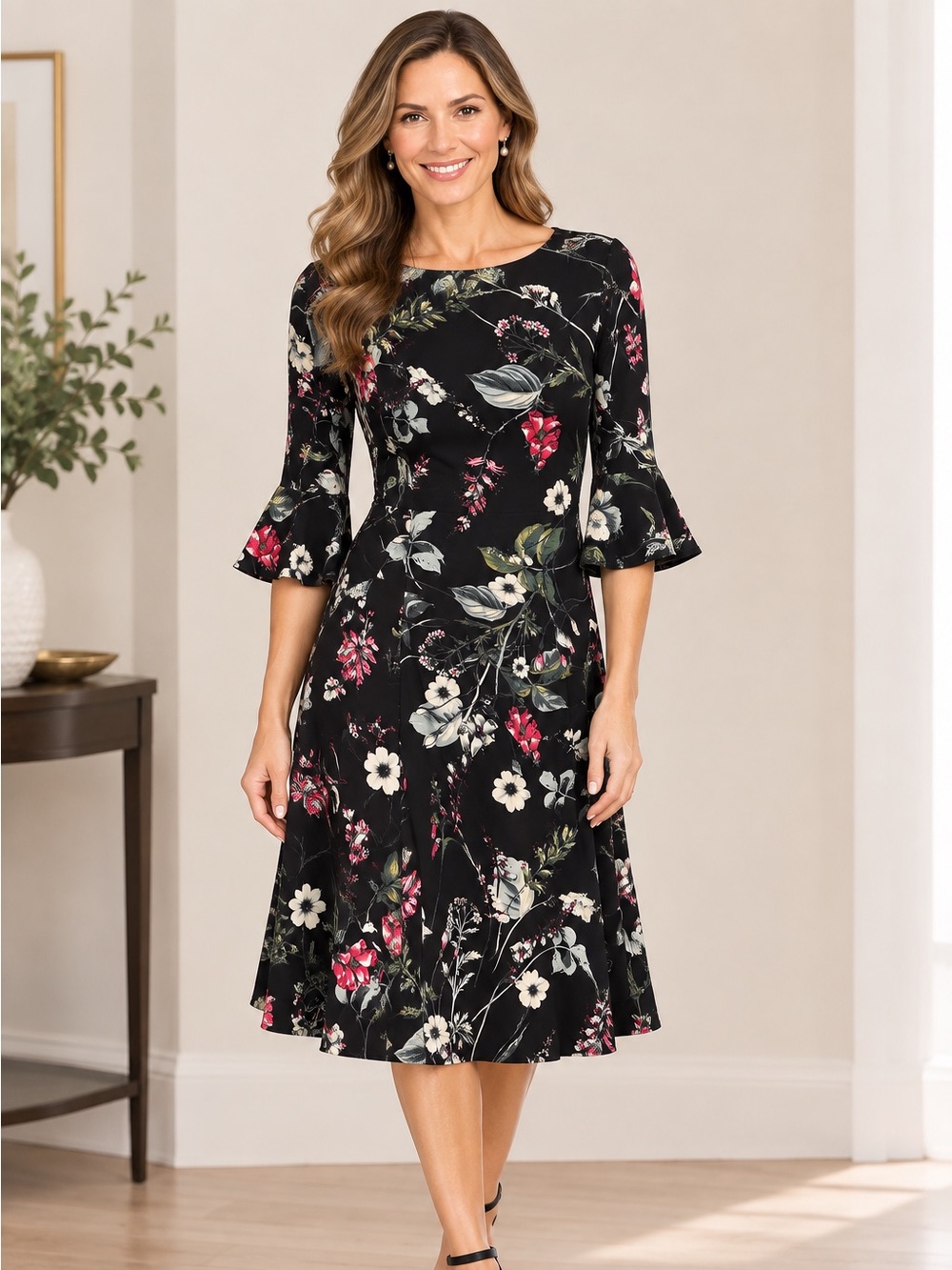 Anne Klein Black Floral Midi Dress with Pink & Cream Blooms